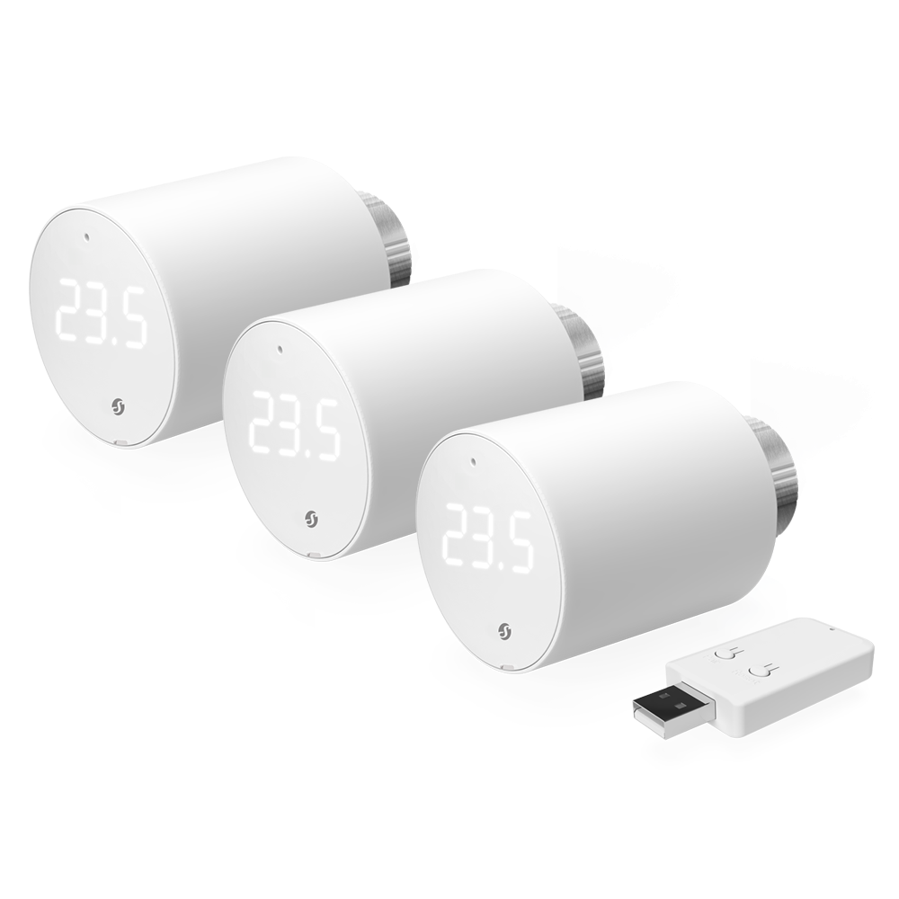 pachet de 3 valve termostatice pentru calorifer shelly blu trv, cu hub bluetooth inclus in pachet